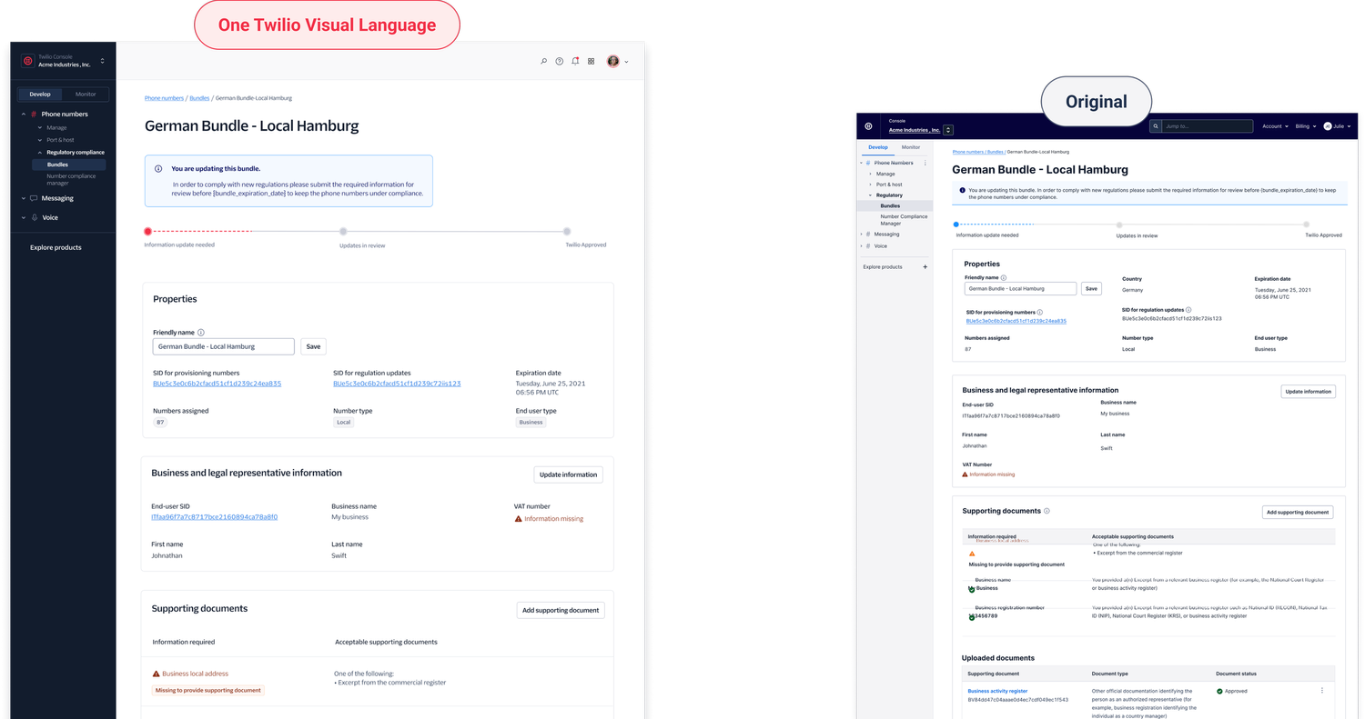 One Twilio visual language compared with the original Twilio Console interface