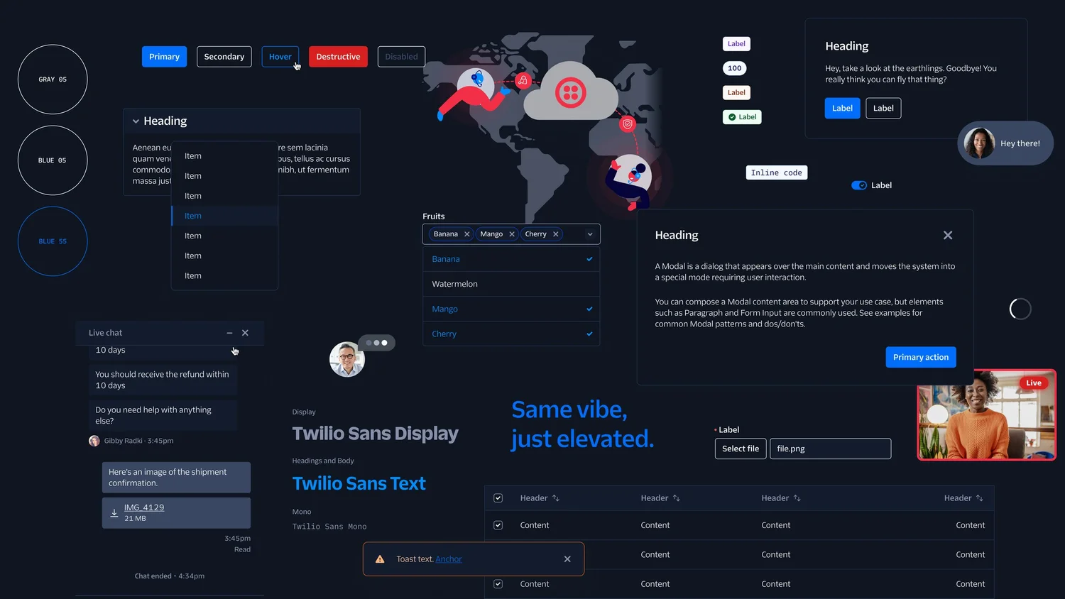 Twilio Paste visual language showing components, patterns, typography, and product states